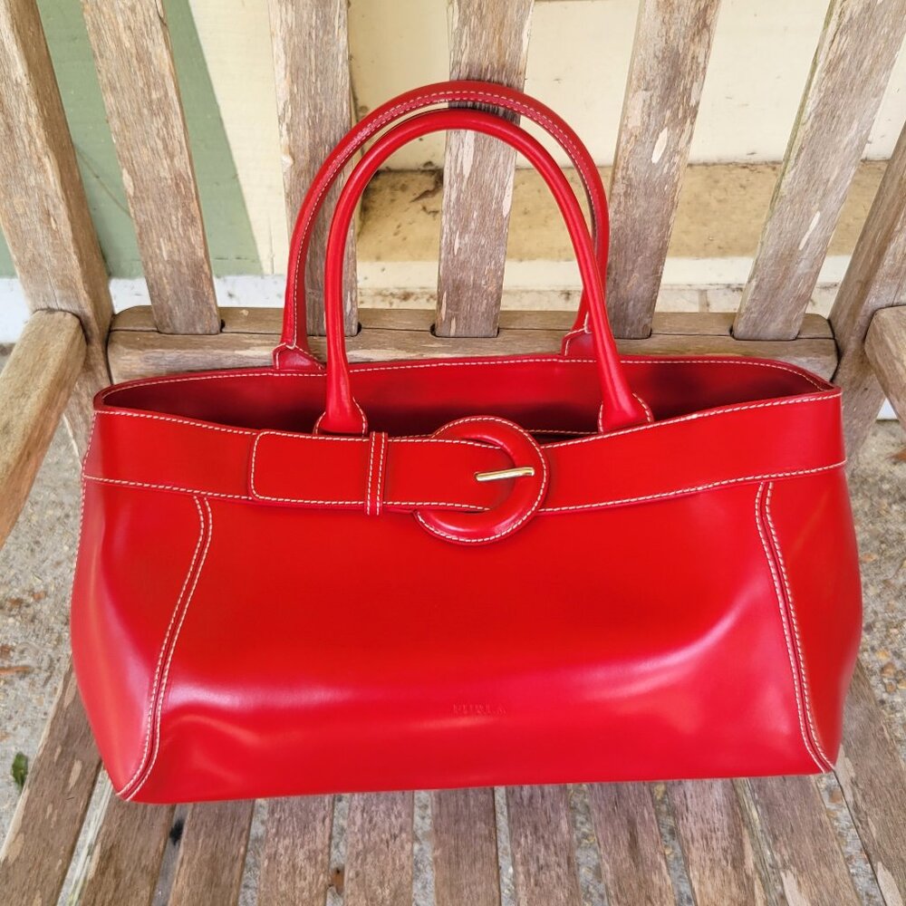 FURLA Red Leather Buckle Satchel Bag Purse